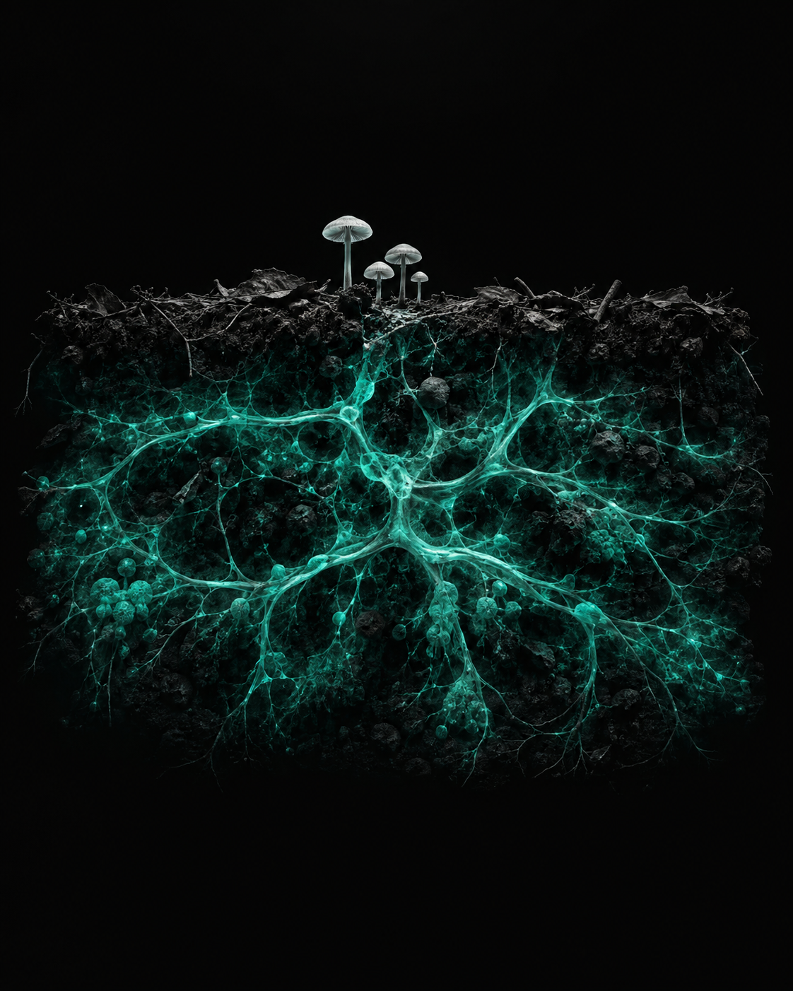 A luminous network of roots and mycelium beneath dark soil