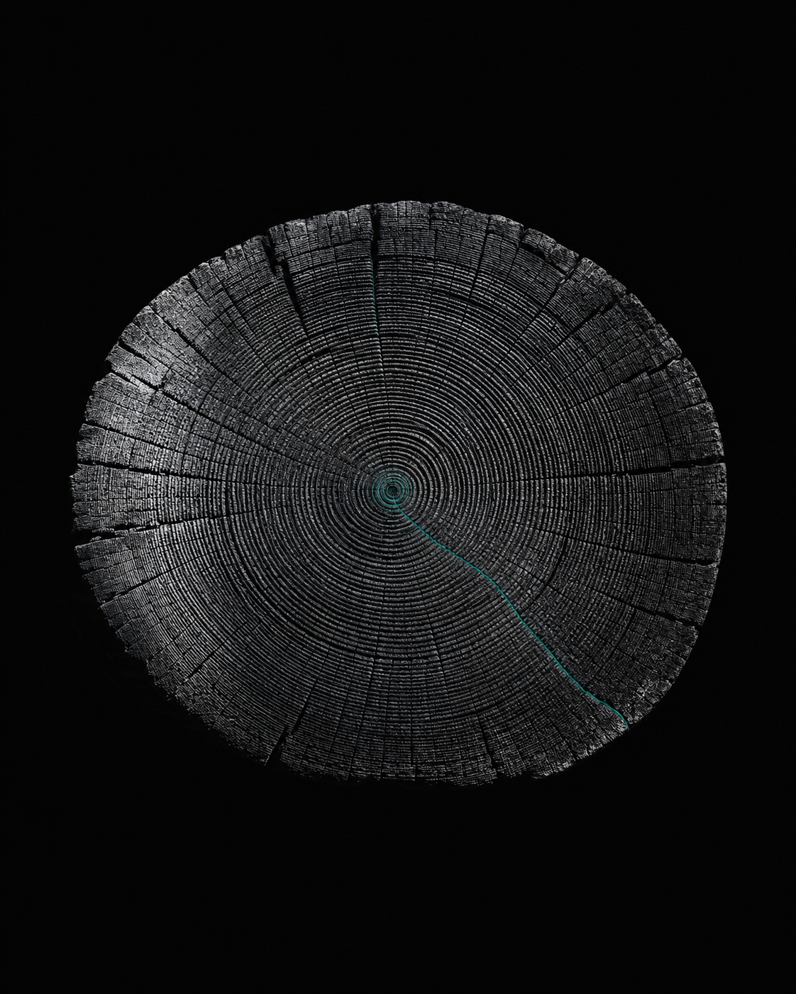 Cross section of a tree trunk showing growth rings, with one ring traced in teal